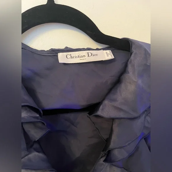 Christian Dior Blue Satin Evening blouse with Pleated Collar Sz XS - Picture 6 of 10